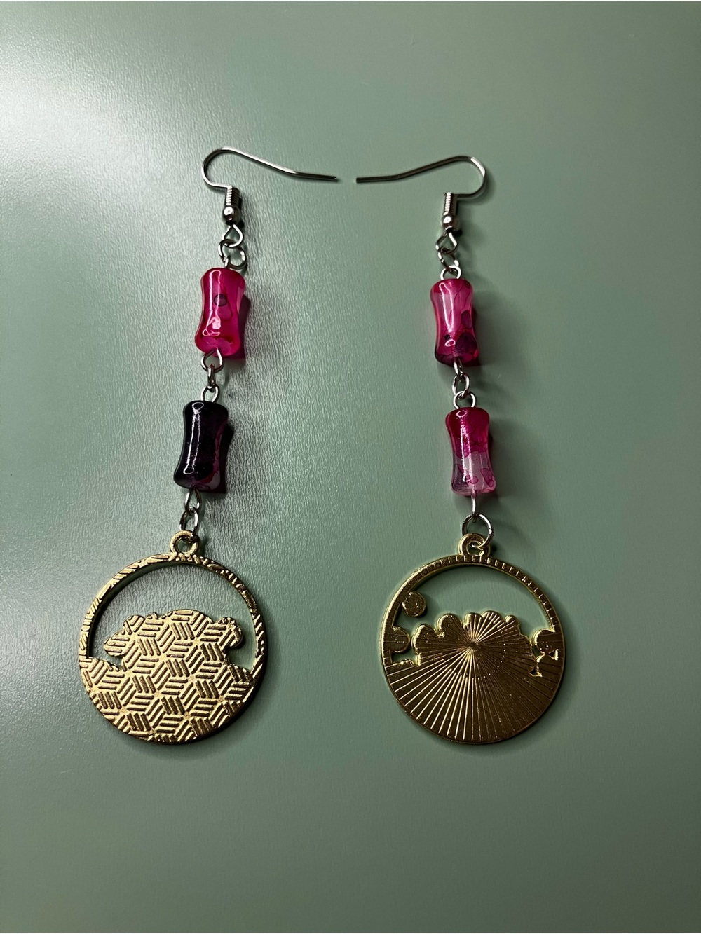 Handmade Bamboo Shaped Glass Bead Dangle Earrings with Panda Charms - Picture 3 of 5